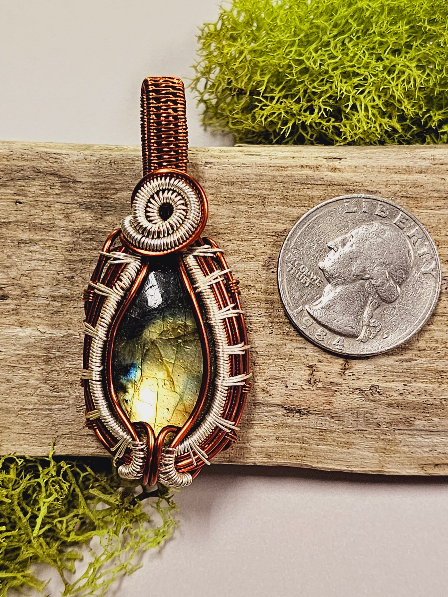 Labradorite and Copper/Silver Wire Wrapped Necklace Pendant