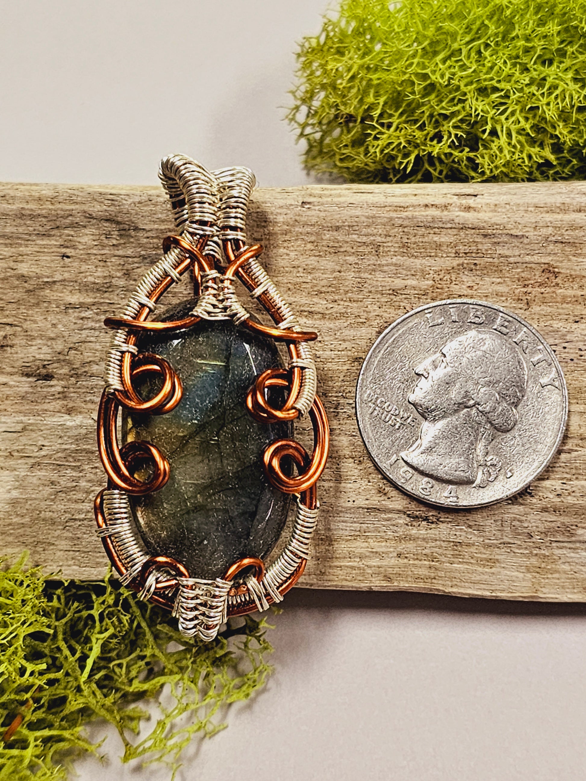 Labradorite and Copper/Silver Wire Wrapped Necklace Pendant