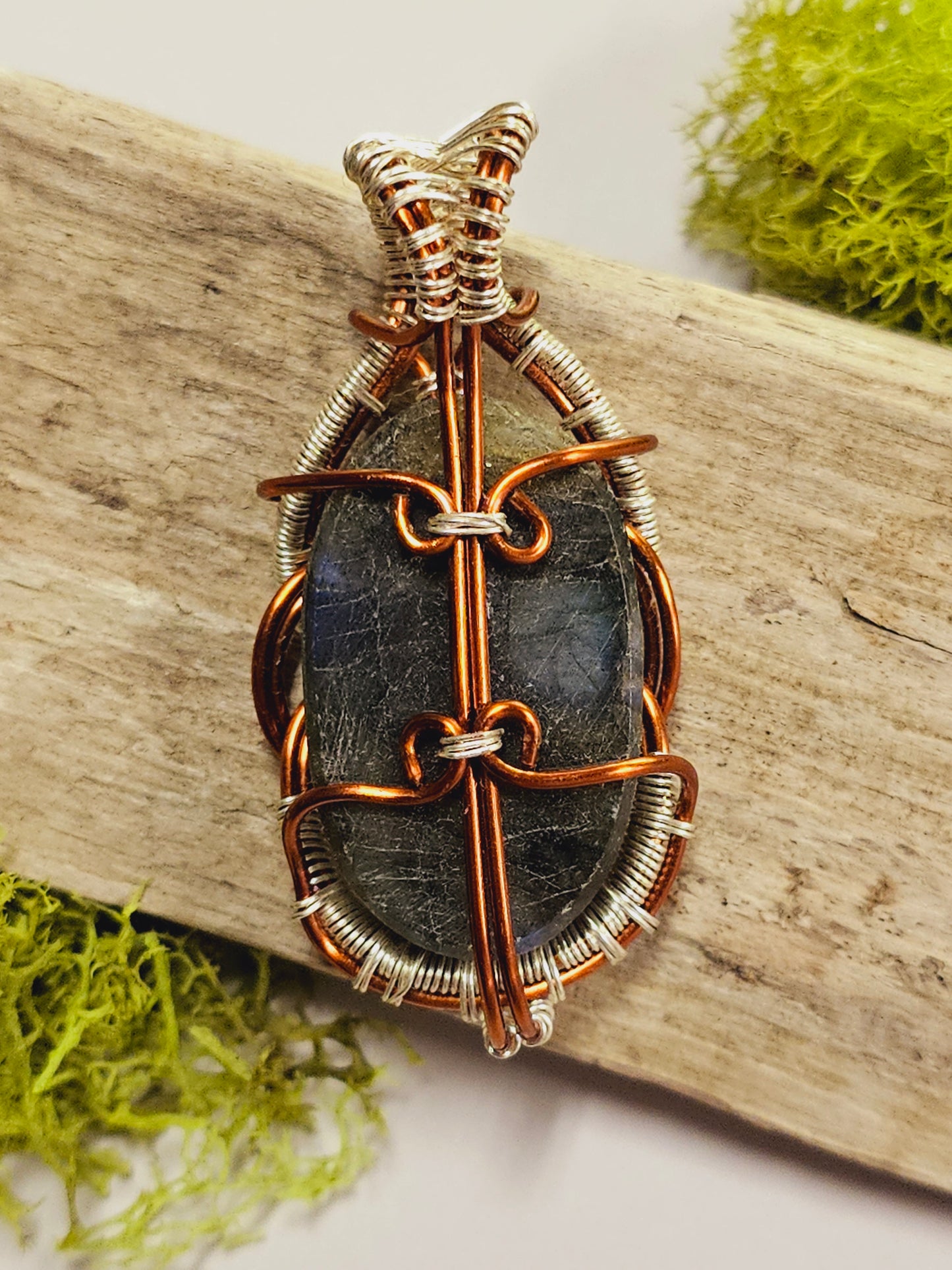 Labradorite and Copper/Silver Wire Wrapped Necklace Pendant