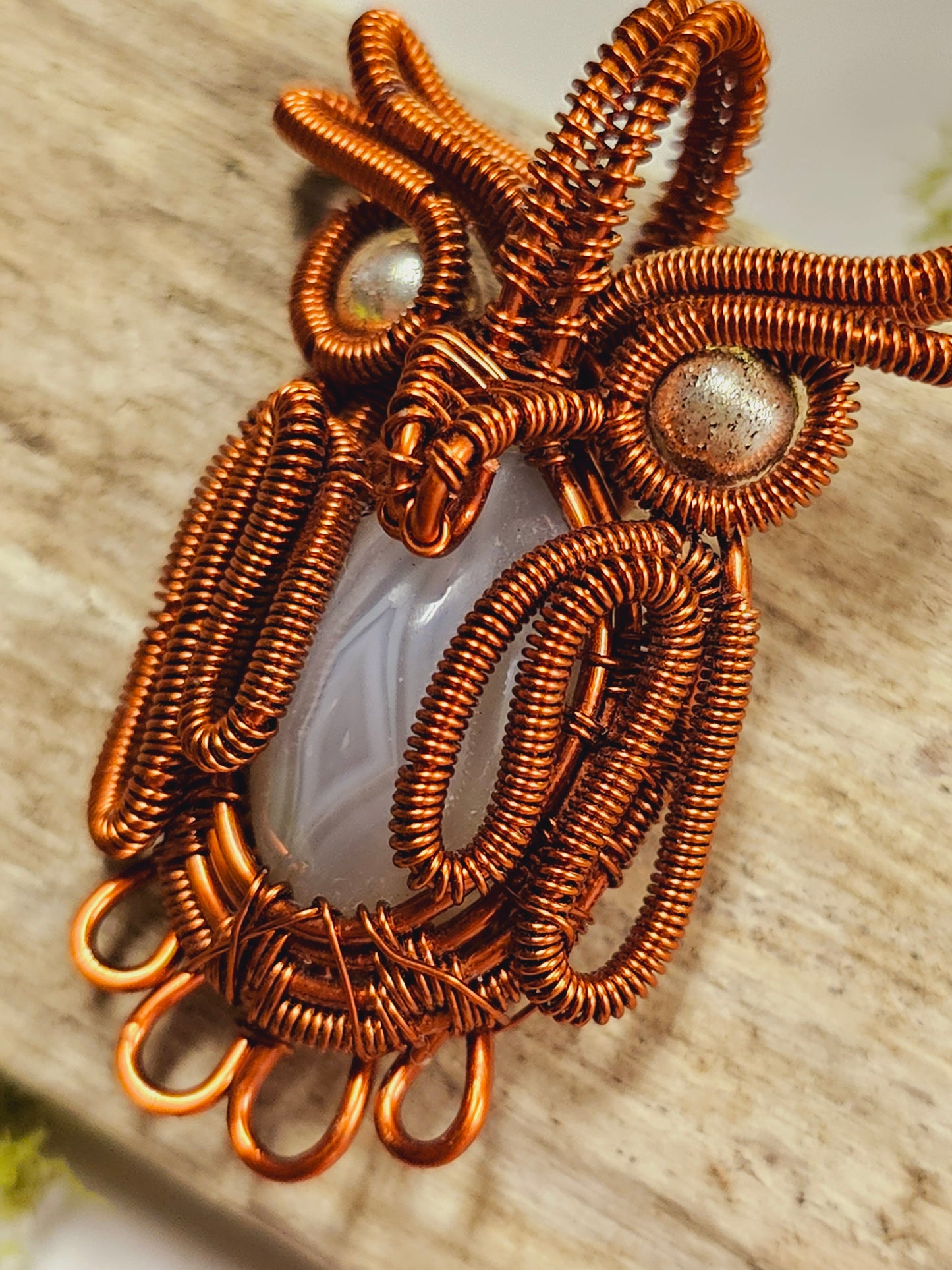 Agate Owl Copper Wire Wrapped Necklace Pendant
