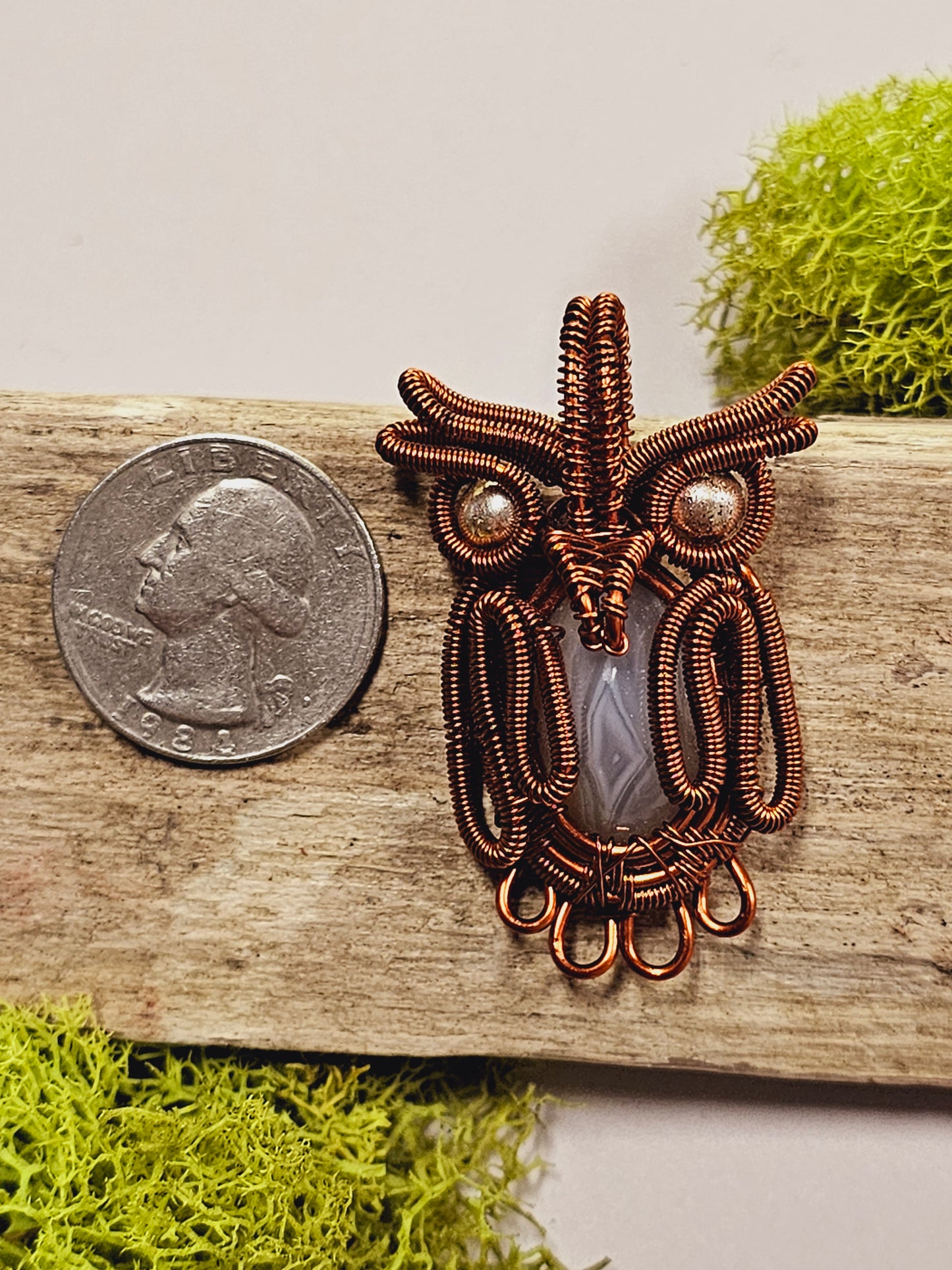 Agate Owl Copper Wire Wrapped Necklace Pendant