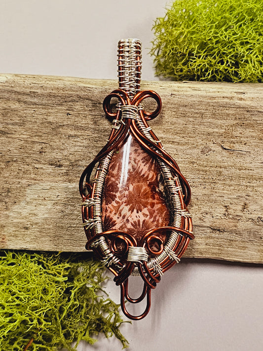 Fossilized Coral and Copper/Silver Wire Wrapped Necklace Pendant