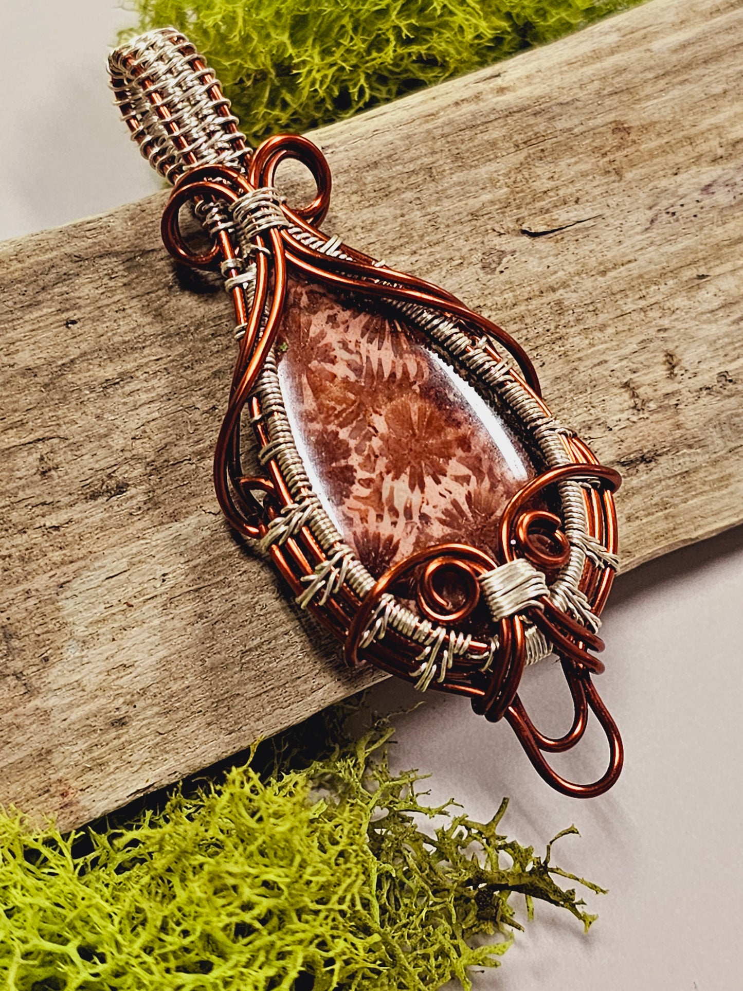 Fossilized Coral and Copper/Silver Wire Wrapped Necklace Pendant
