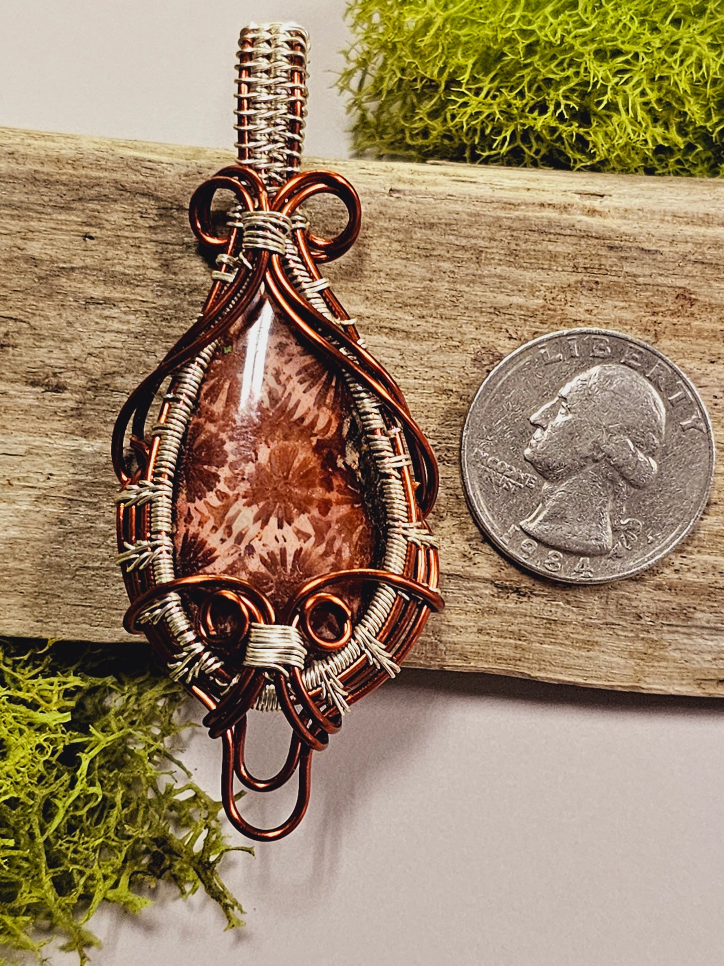 Fossilized Coral and Copper/Silver Wire Wrapped Necklace Pendant