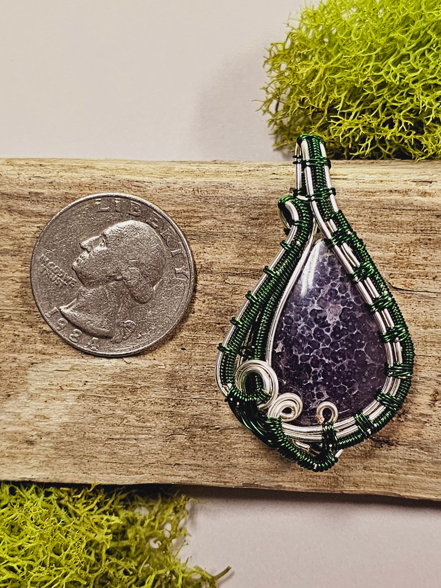 Purple Agate and Green/Silver Wire Wrapped Necklace Pendant