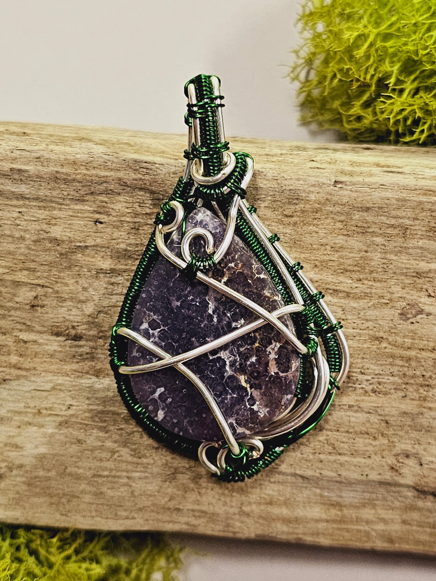Purple Agate and Green/Silver Wire Wrapped Necklace Pendant