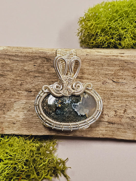 Moss Agate and Silver Wire Wrapped Necklace Pendant