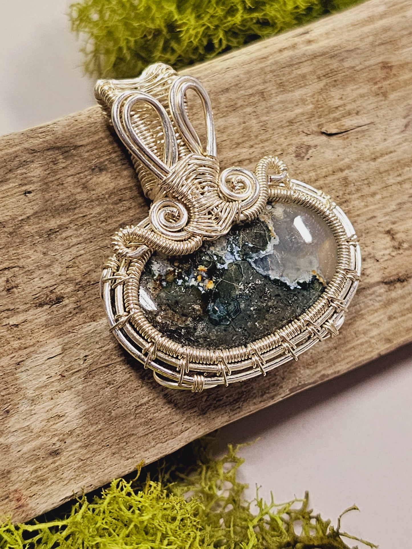 Moss Agate and Silver Wire Wrapped Necklace Pendant