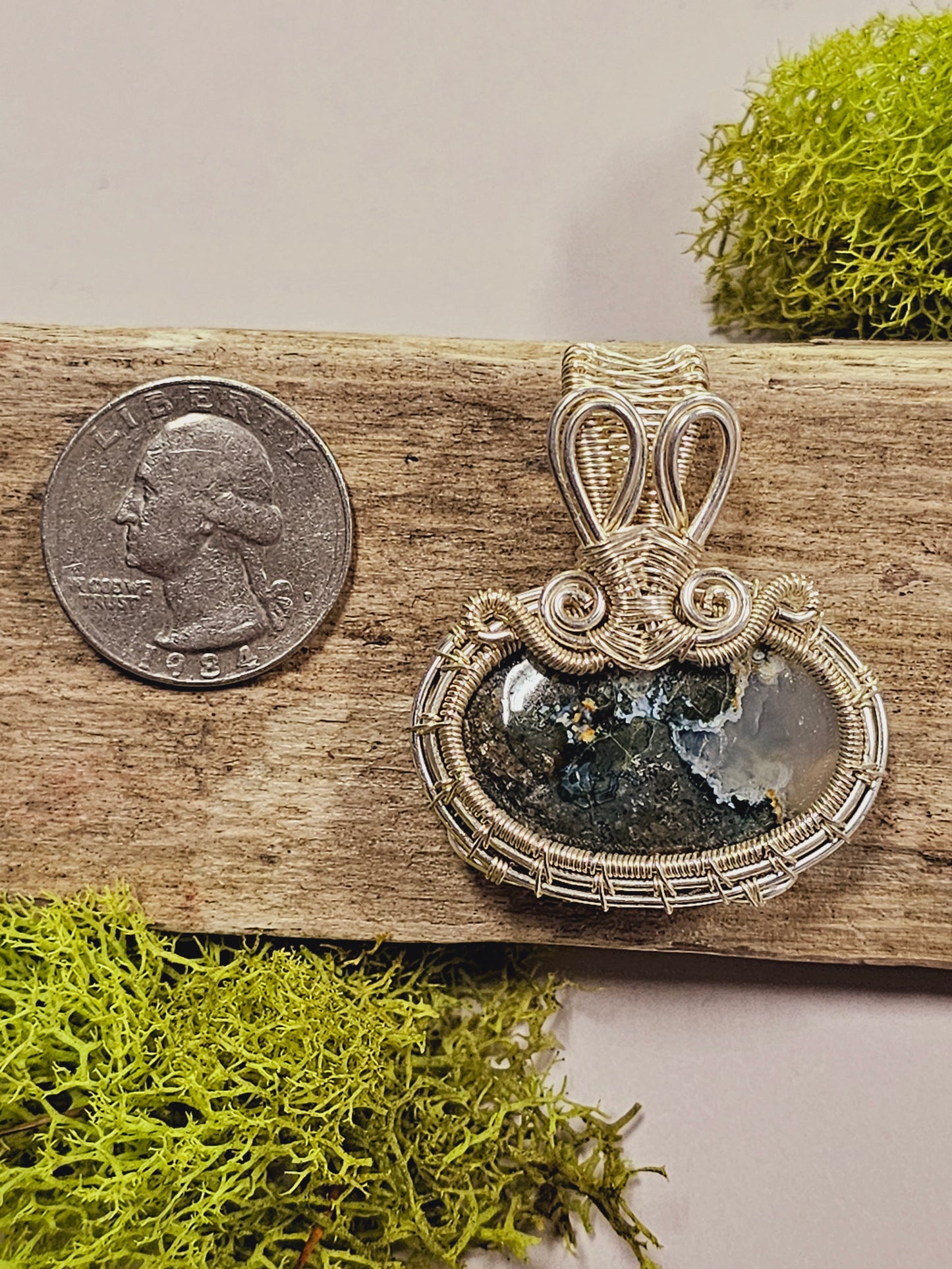 Moss Agate and Silver Wire Wrapped Necklace Pendant