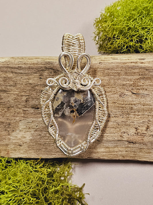 Moss Agate and Silver Wire Wrapped Necklace Pendant