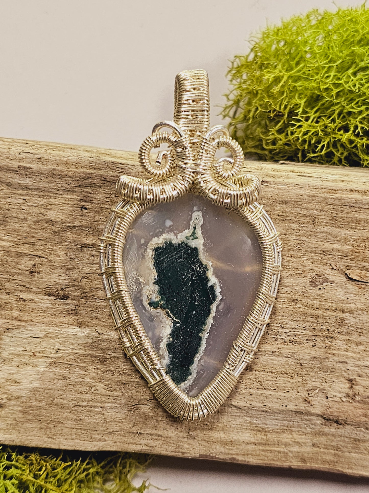 Moss Agate and Silver Wire Wrapped Necklace Pendant