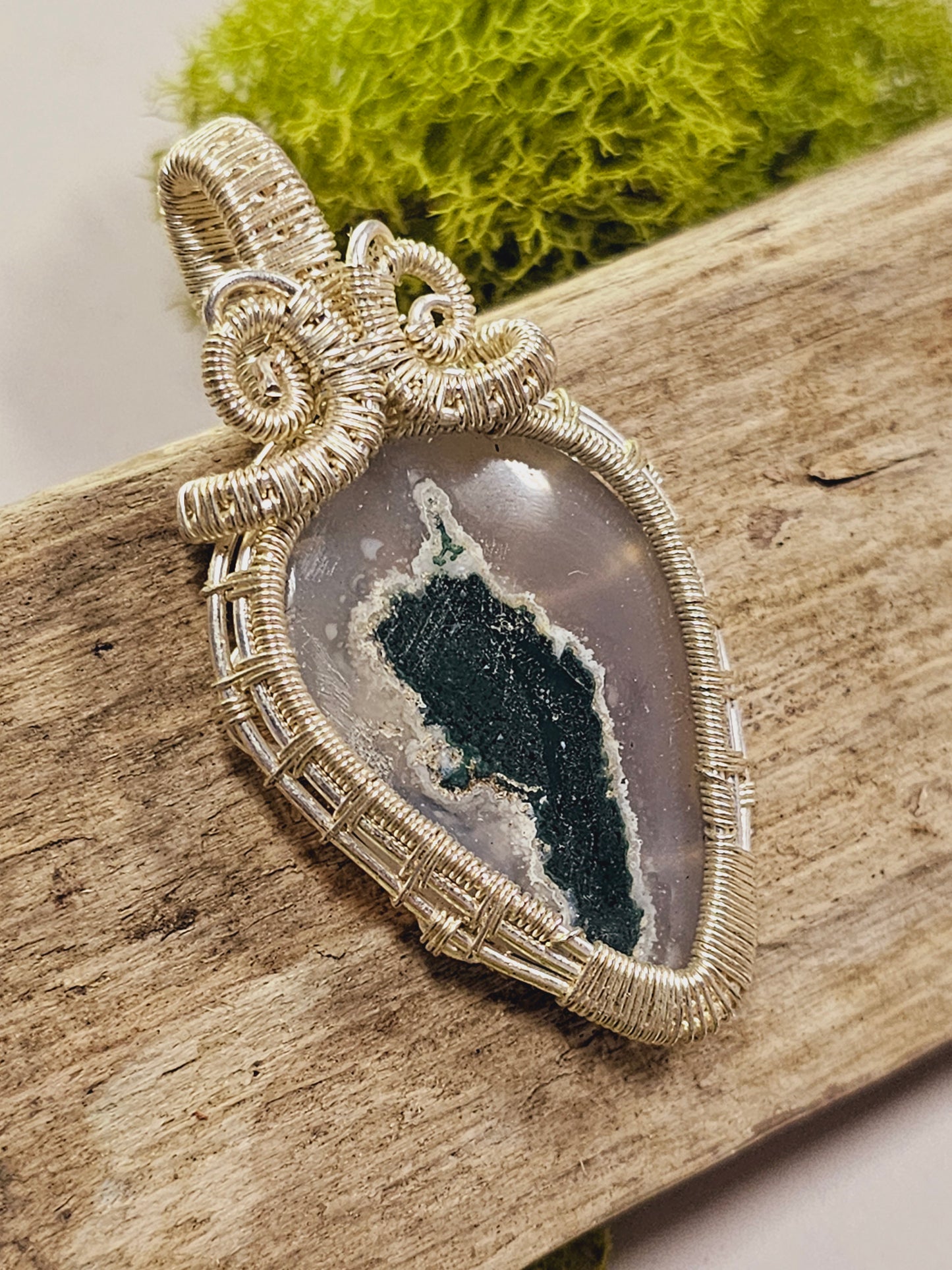 Moss Agate and Silver Wire Wrapped Necklace Pendant