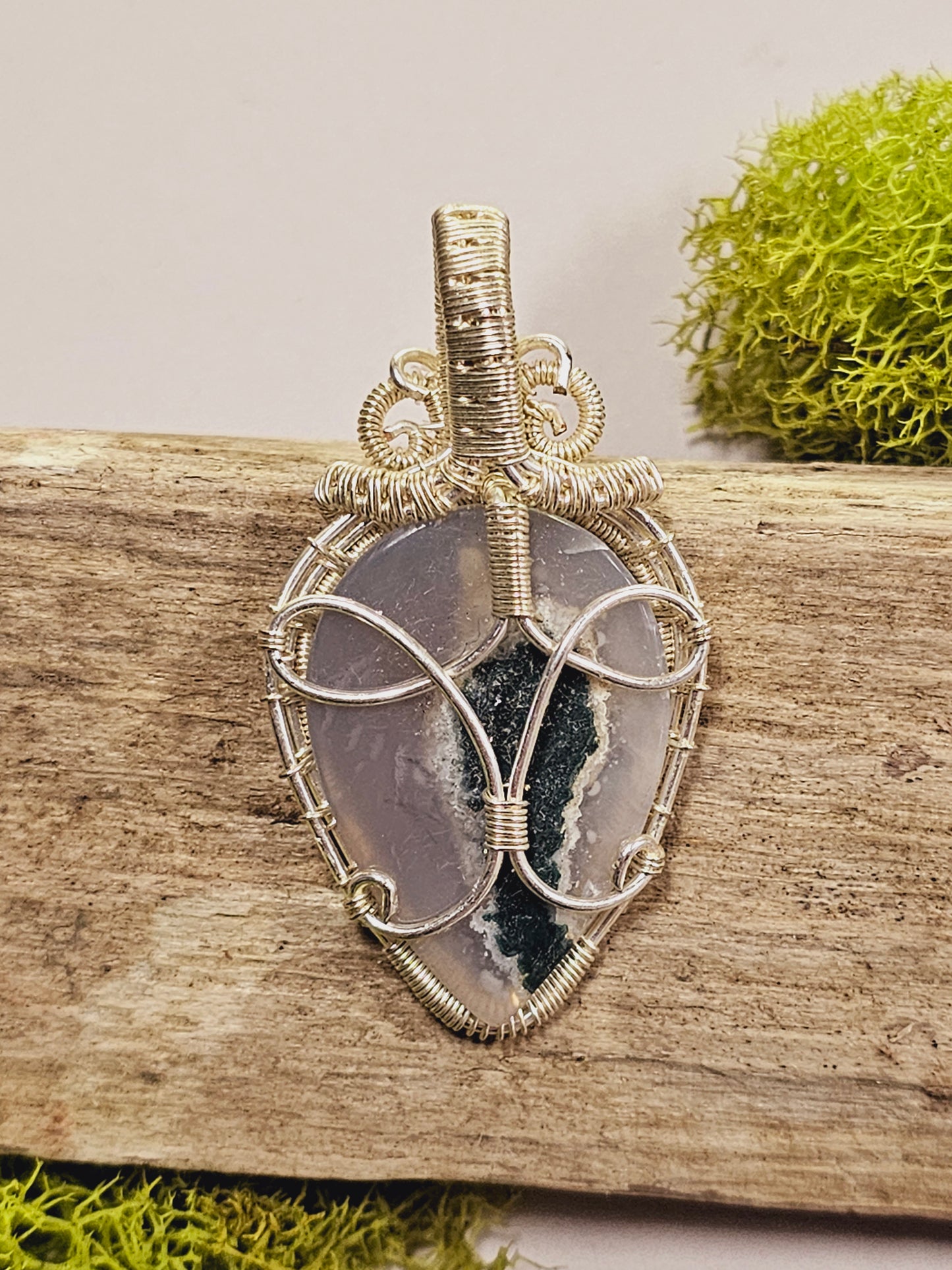 Moss Agate and Silver Wire Wrapped Necklace Pendant