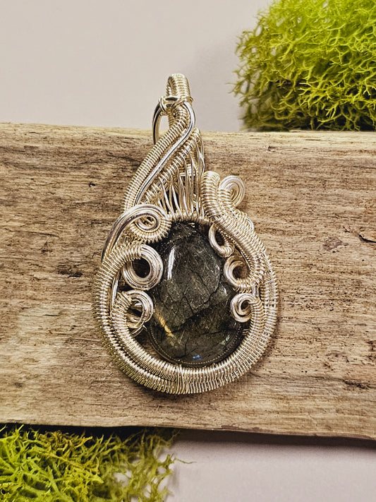 Labradorite and Silver Wire Wrapped Necklace Pendant