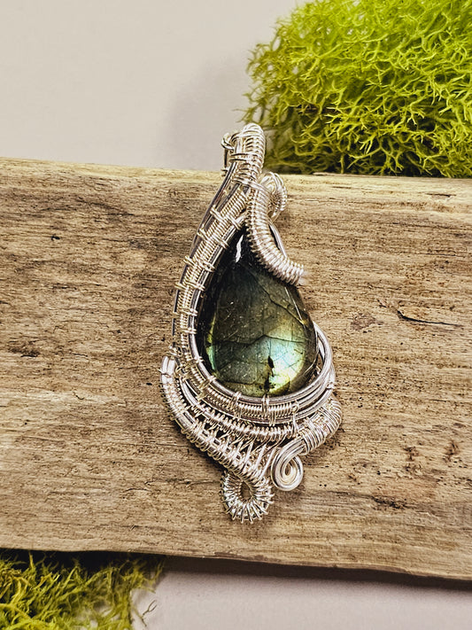 Labradorite and Silver Wire Wrapped Necklace Pendant