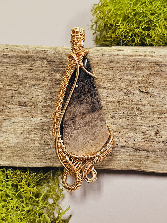 Palm Root and Gold Wire Wrapped Necklace Pendant