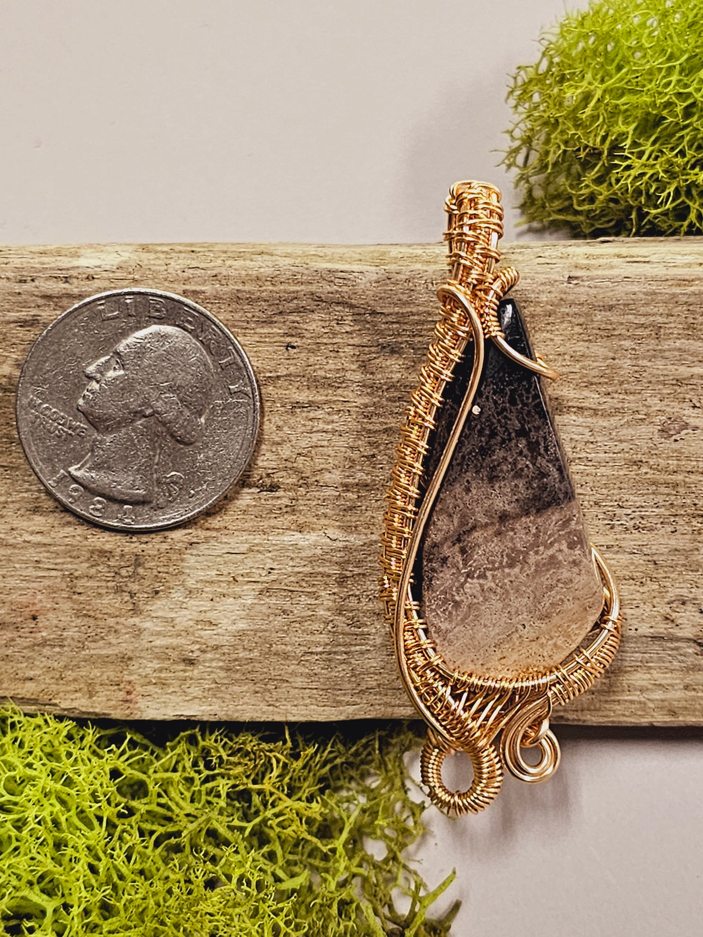 Palm Root and Gold Wire Wrapped Necklace Pendant