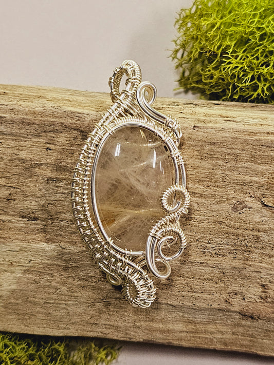 Gold Rutile Quartz and Silver Wire Wrapped Necklace Pendant