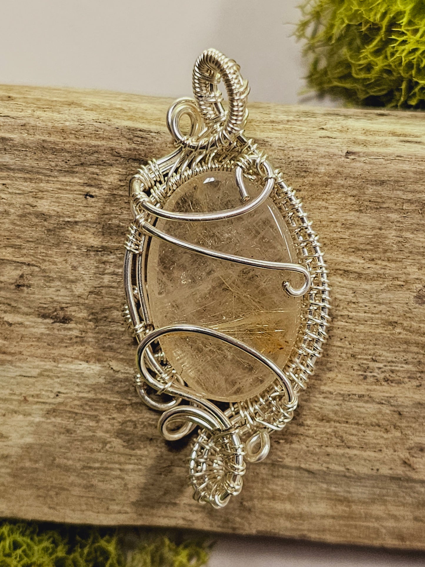 Gold Rutile Quartz and Silver Wire Wrapped Necklace Pendant