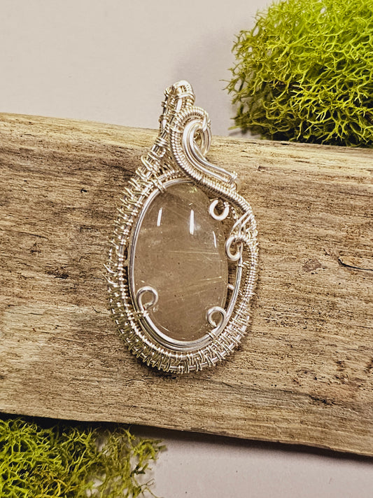 Gold Rutile Quartz and Silver Wire Wrapped Necklace Pendant