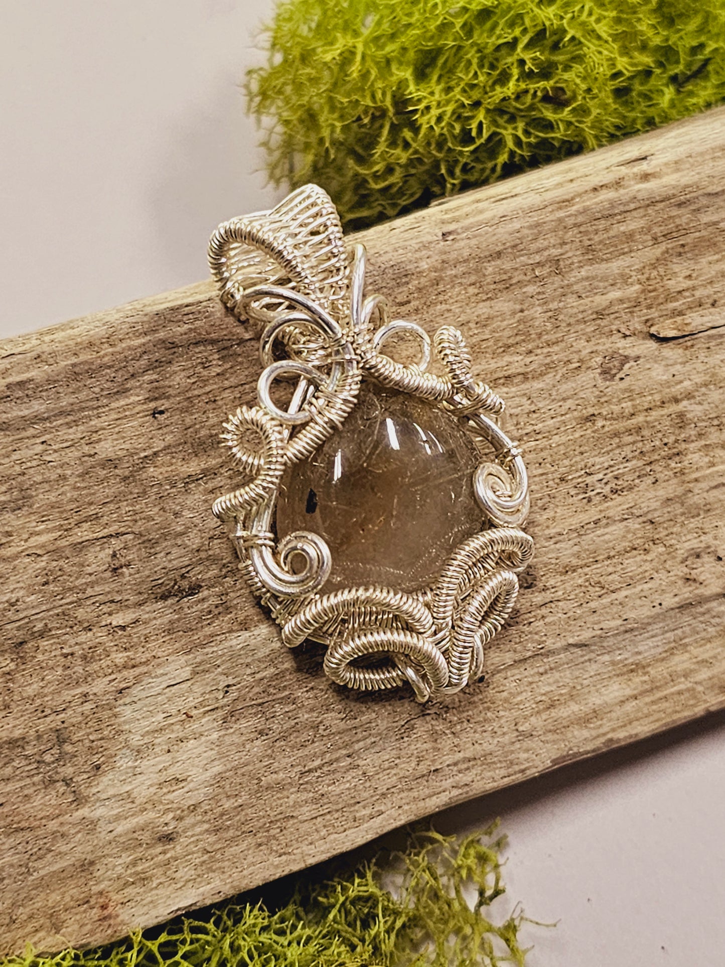 Gold Rutile Quartz and Silver Wire Wrapped Necklace Pendant