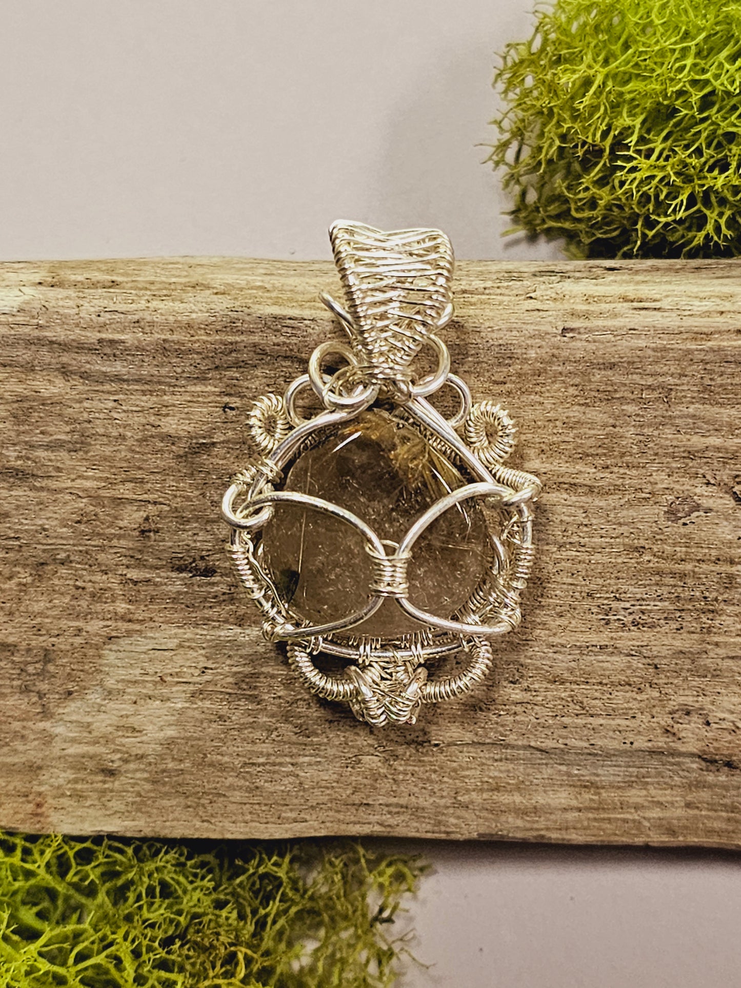 Gold Rutile Quartz and Silver Wire Wrapped Necklace Pendant