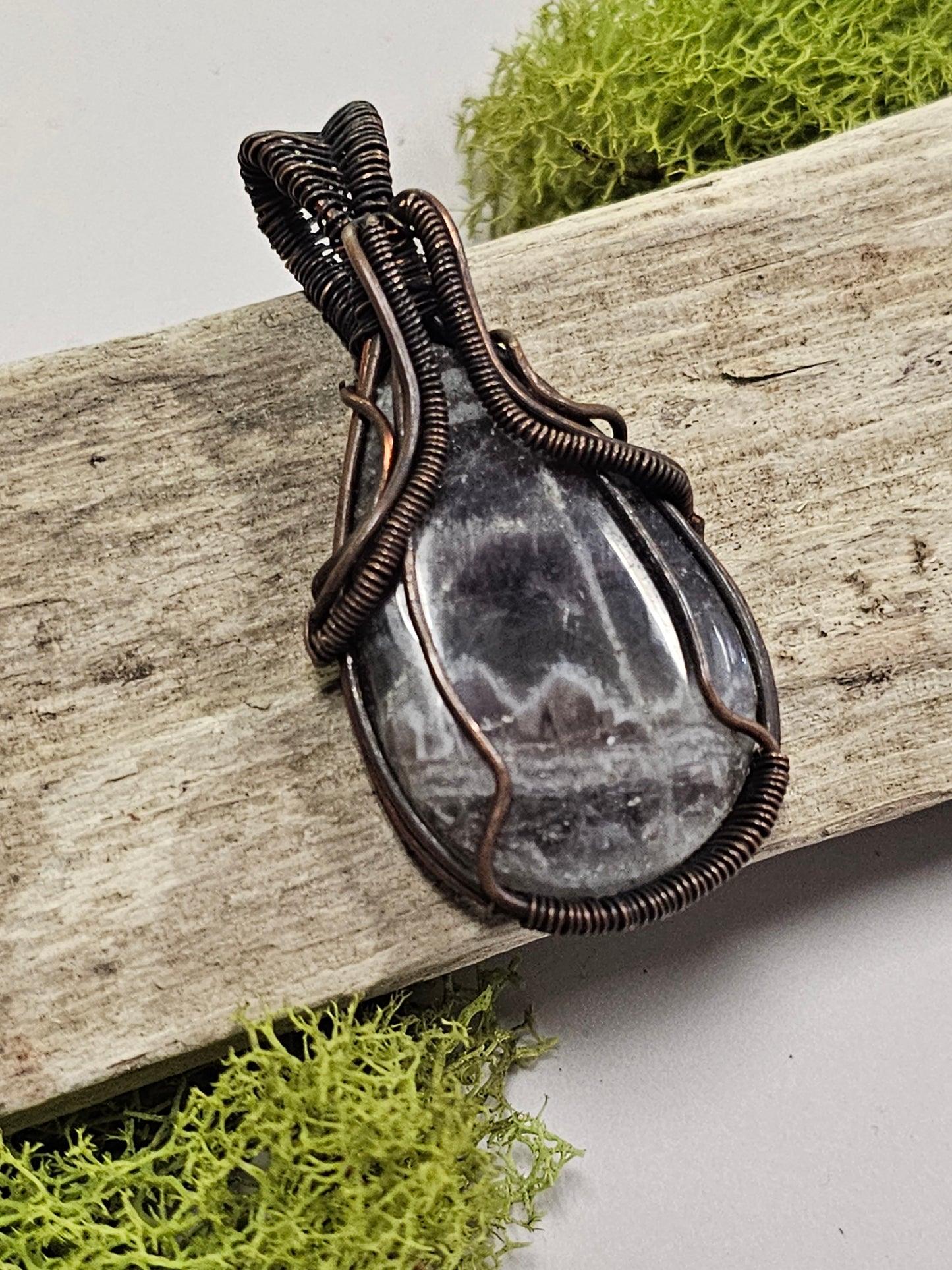 Amethyst and Oxidized Wire Wrapped Necklace Pendant