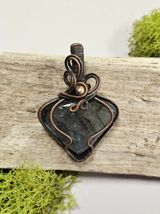 Labradorite and Oxidized Wire Wrapped Necklace Pendant