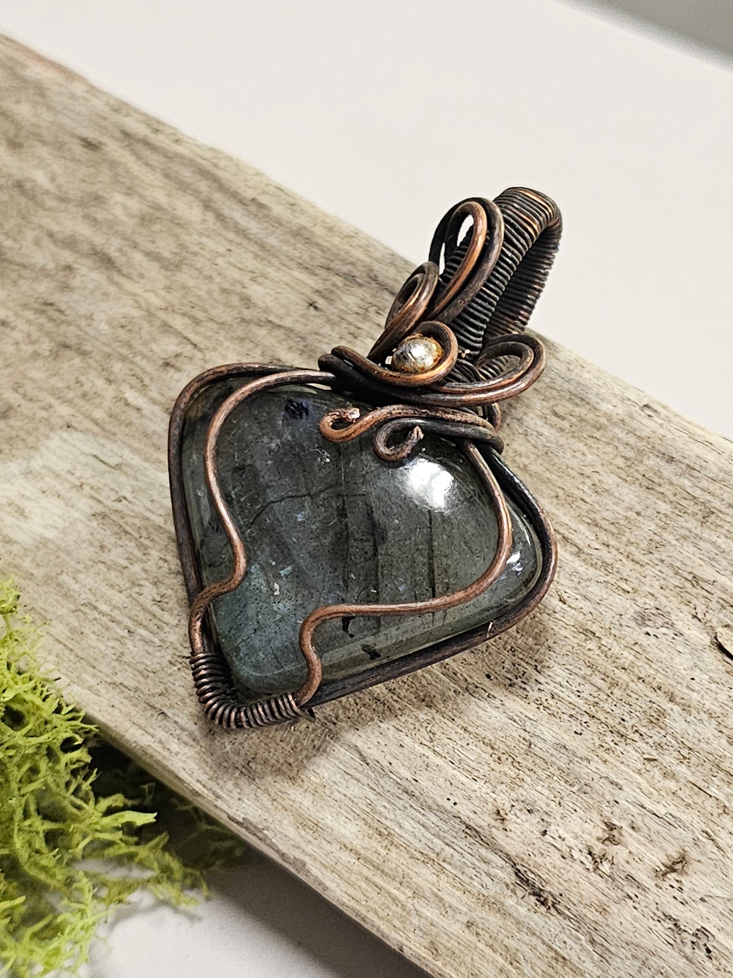 Labradorite and Oxidized Wire Wrapped Necklace Pendant