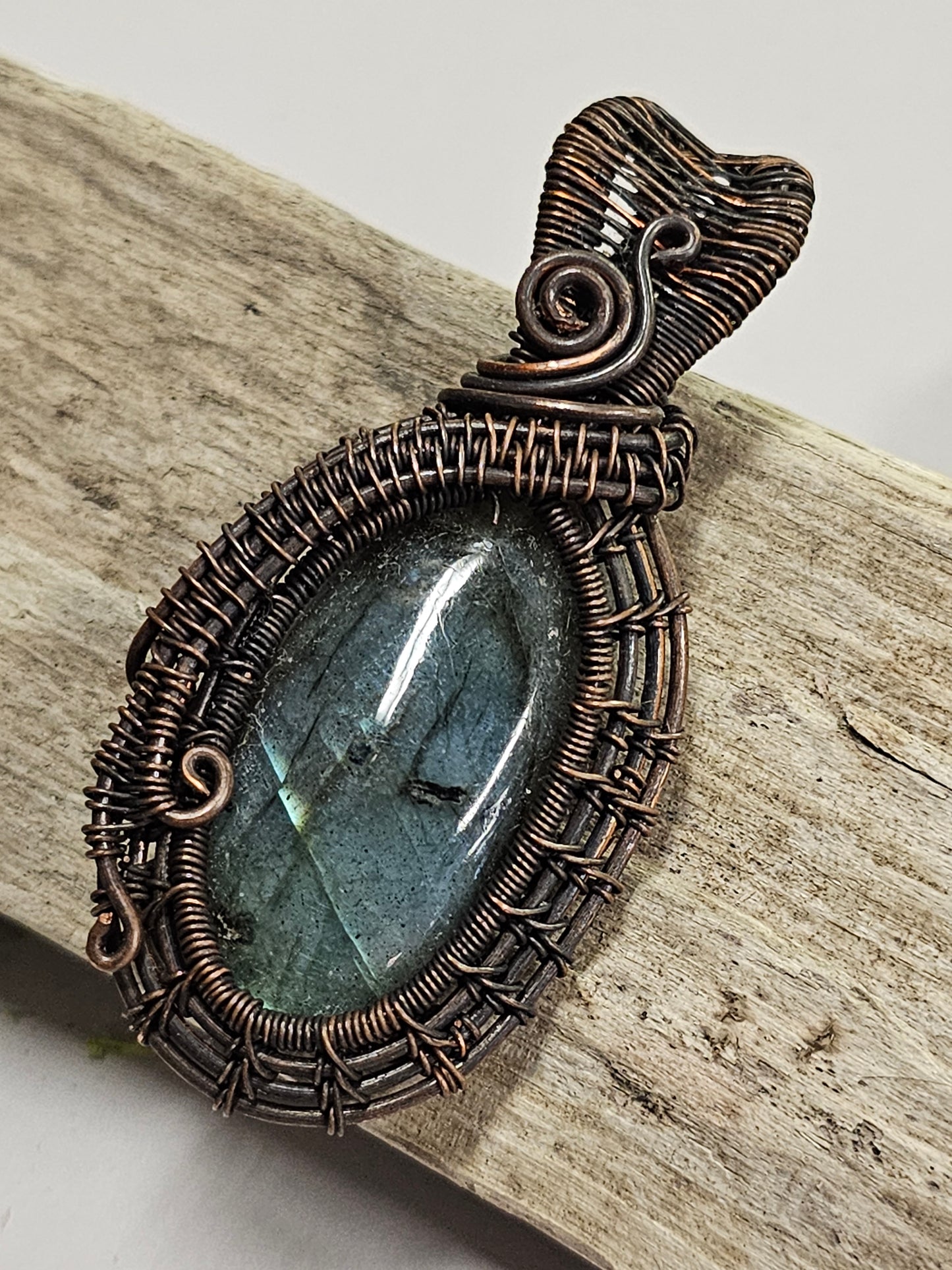 Labradorite and Oxidized Wire Wrapped Necklace Pendant