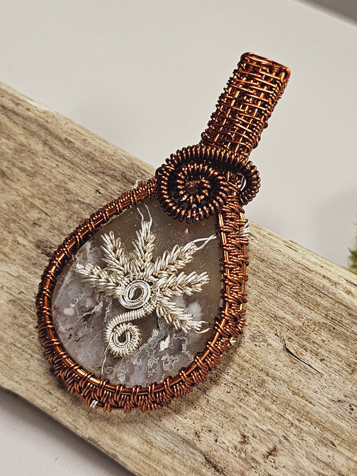Flower Agate Wire Wrapped Necklace Pendant