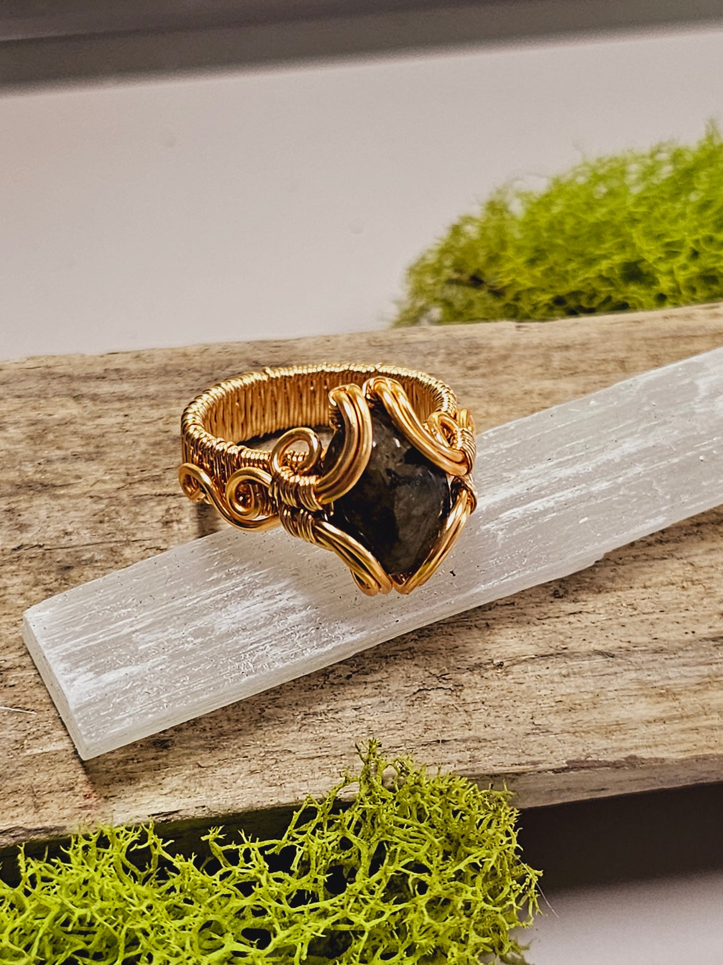 Labradorite and Gold Wire Wrapped Ring Size 9