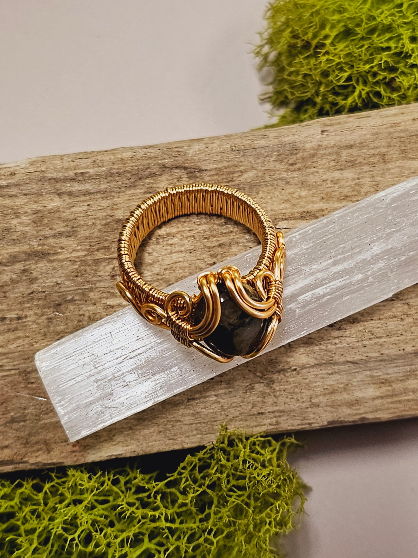 Labradorite and Gold Wire Wrapped Ring Size 9