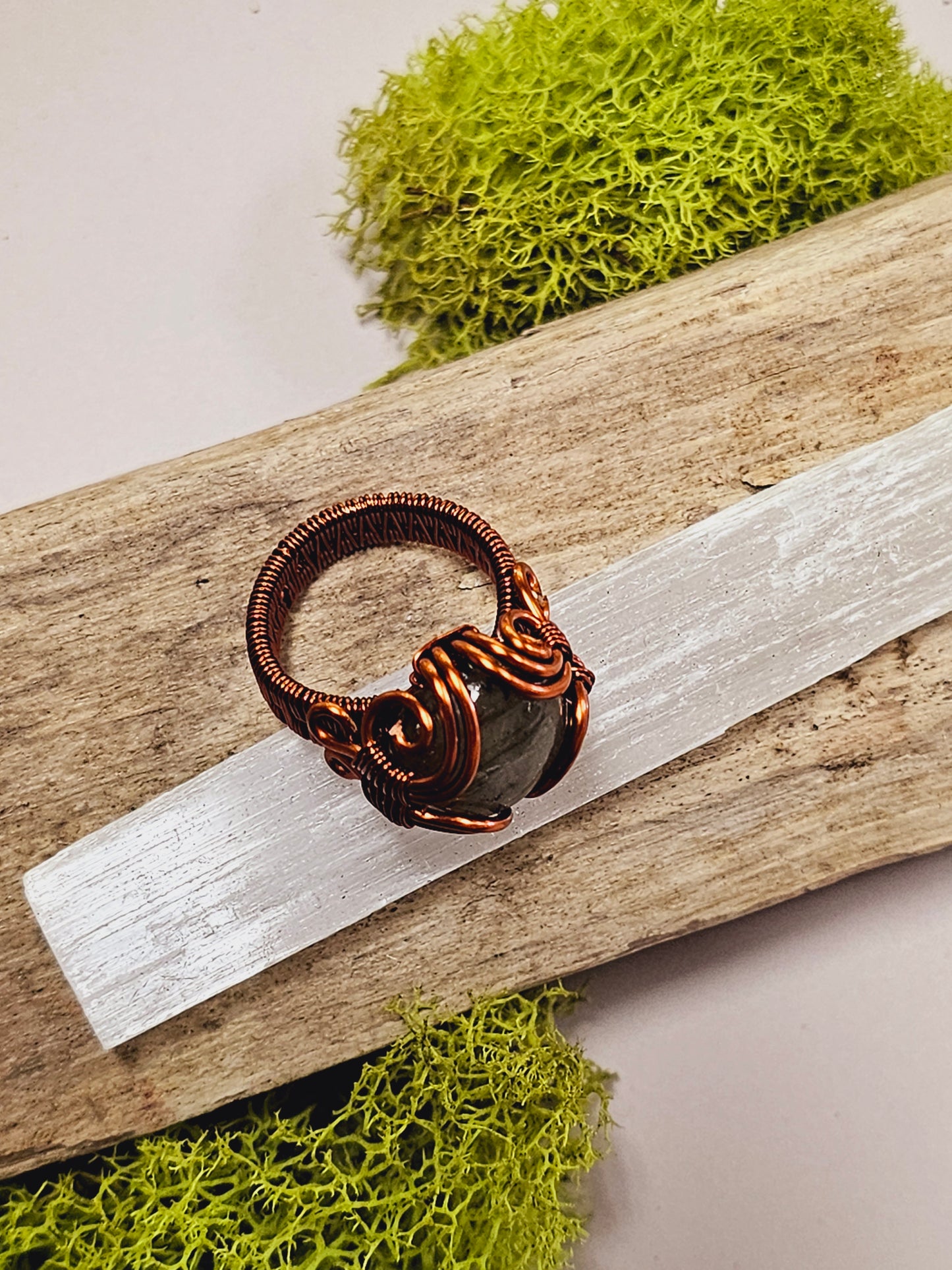 Labradorite and Copper Wire Wrapped Ring Size 6.25