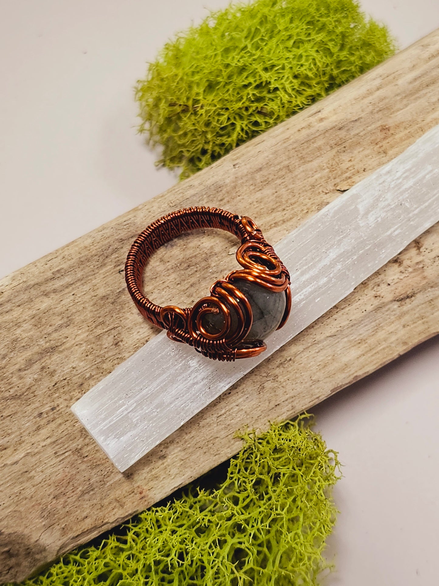 Labradorite and Copper Wire Wrapped Ring Size 8.5