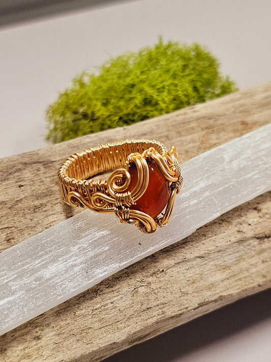 Carnelian and Gold Wire Wrapped Ring Size 8.5