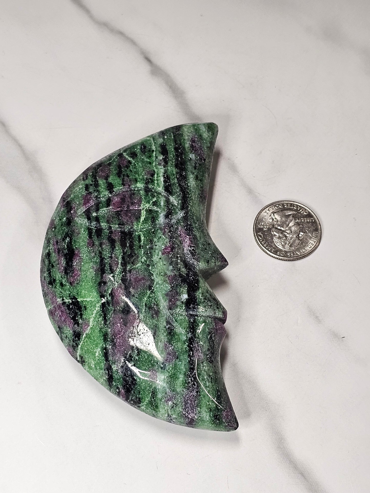 Ruby Zoisite Moon with Face Carving
