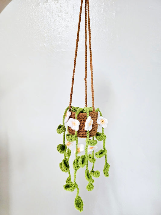 Crochet Plant Hanger with White/Yellow Flowers
