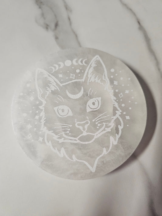 Selenite Charging Plate Cat & Moon Design