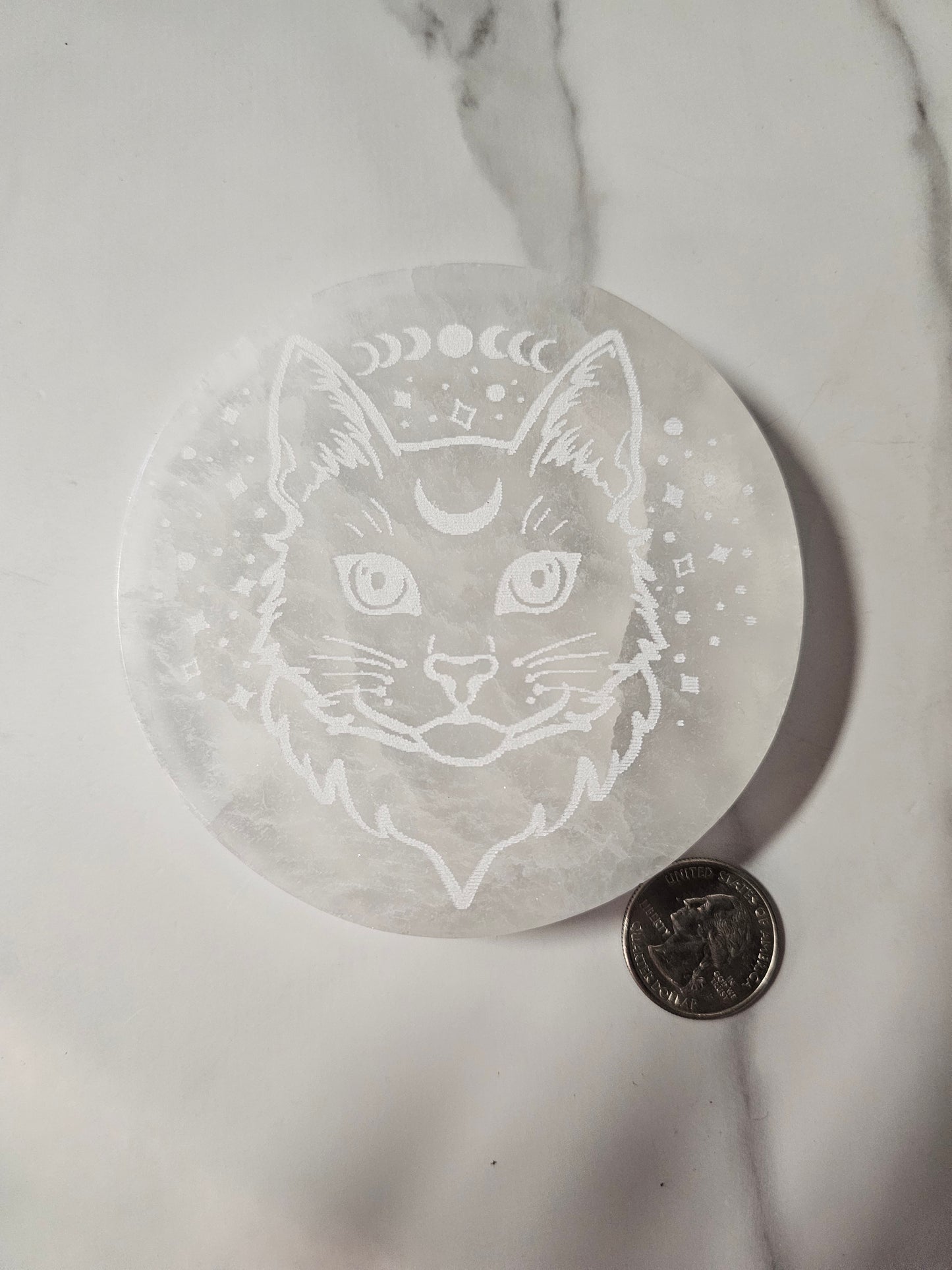 Selenite Charging Plate Cat & Moon Design