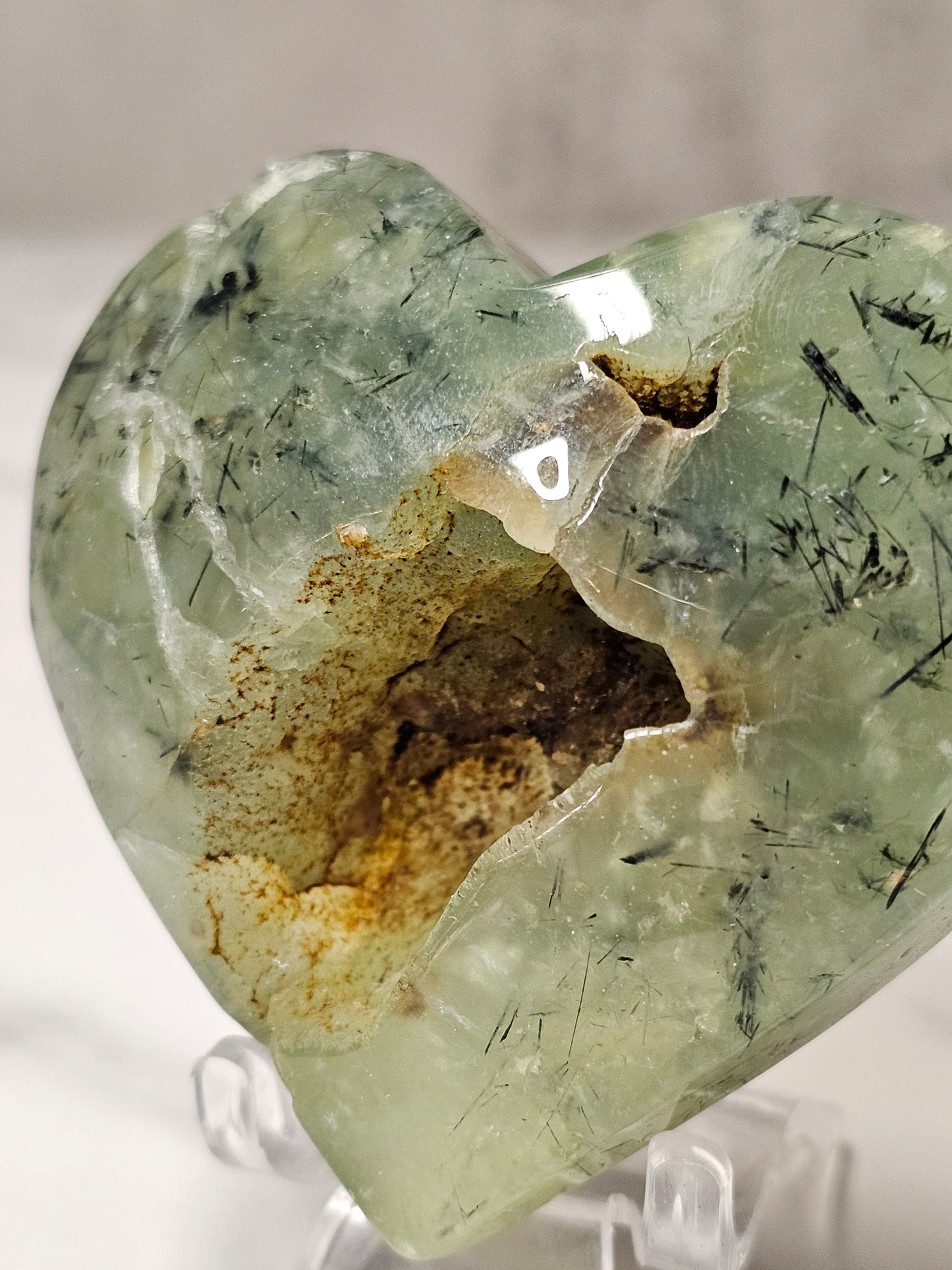 Prehnite Heart Carving with Druzy