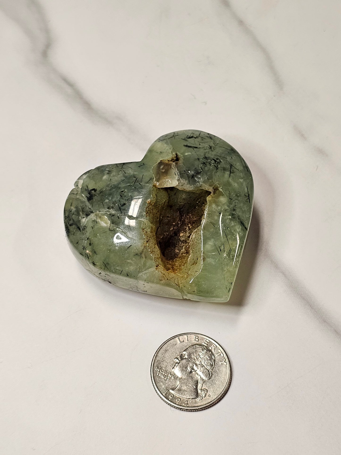 Prehnite Heart Carving with Druzy