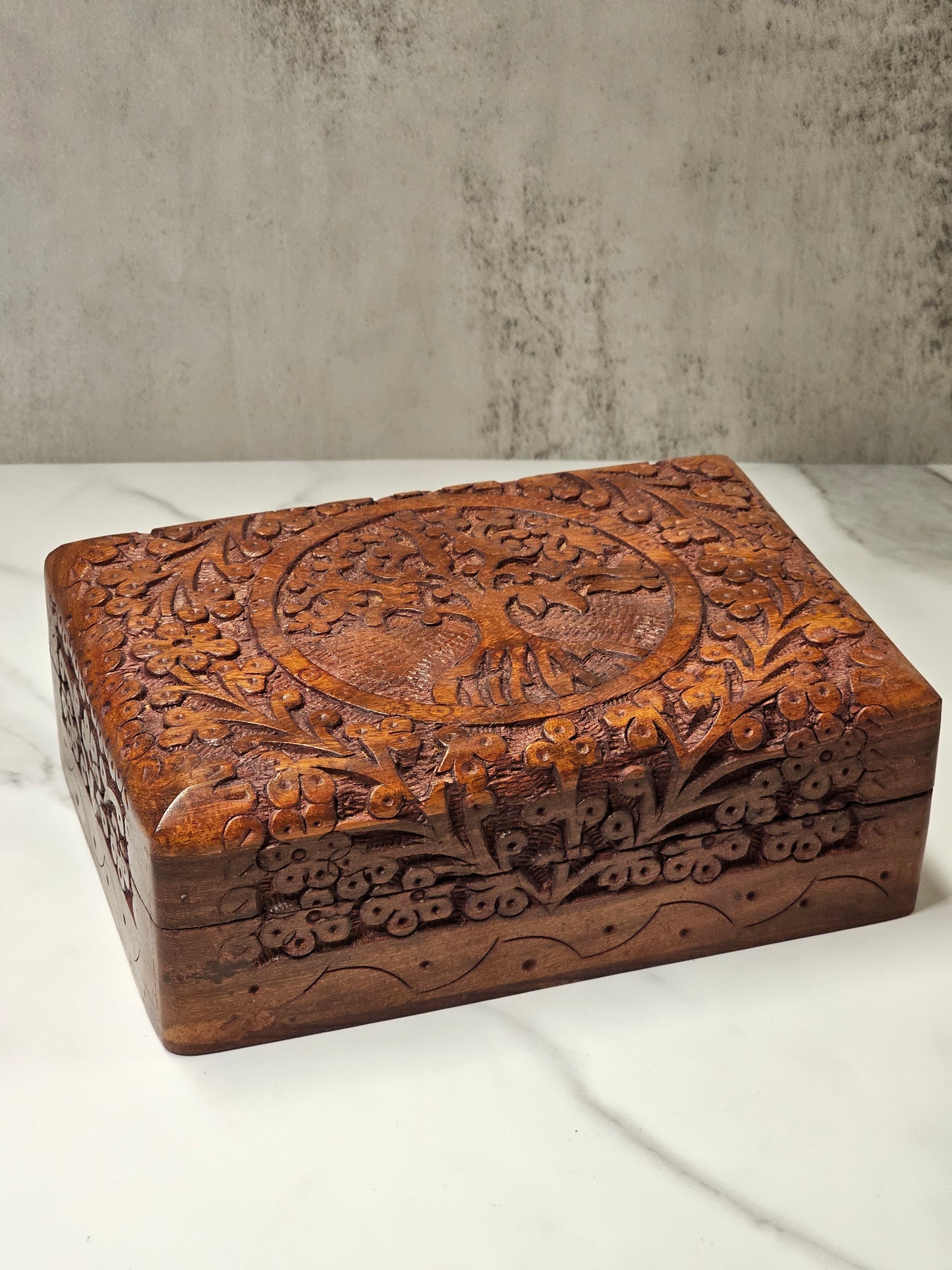 Wooden Carved Tree of Life Hinged Trinket Box