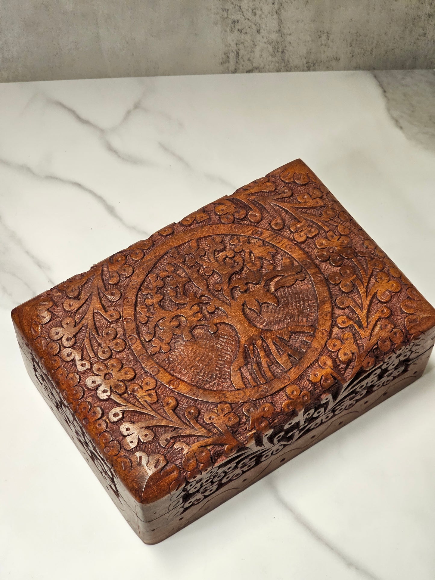 Wooden Carved Tree of Life Hinged Trinket Box