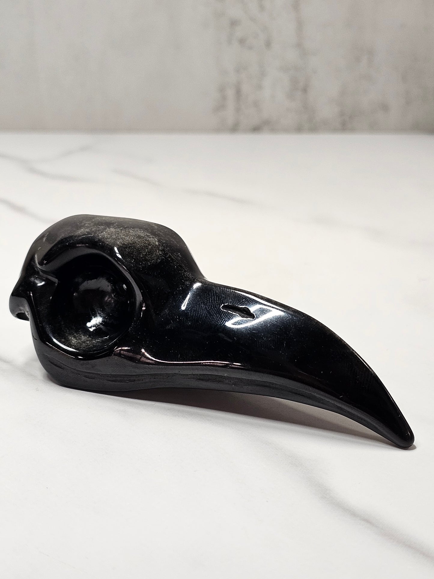 Silver Sheen Obsidian Raven Skull Carving