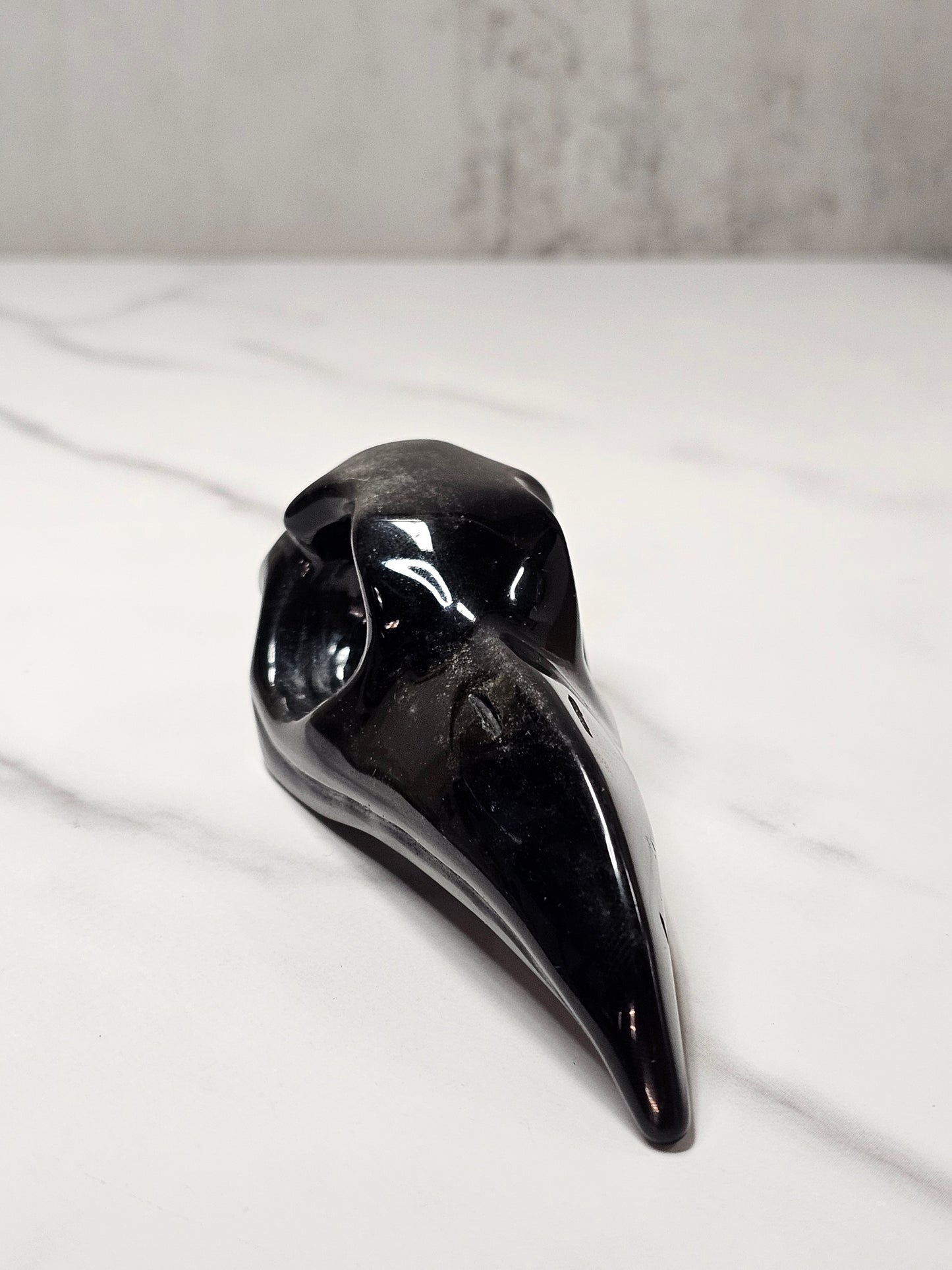 Silver Sheen Obsidian Raven Skull Carving