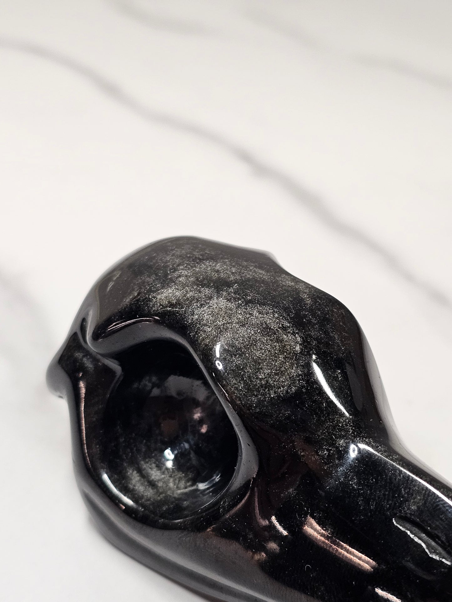 Silver Sheen Obsidian Raven Skull Carving