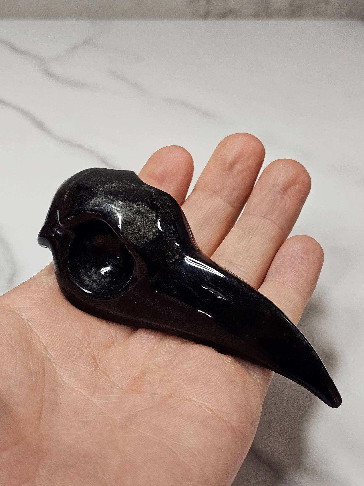 Silver Sheen Obsidian Raven Skull Carving