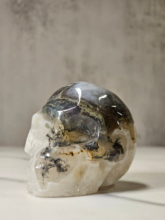 Moss Agate Skull Carving