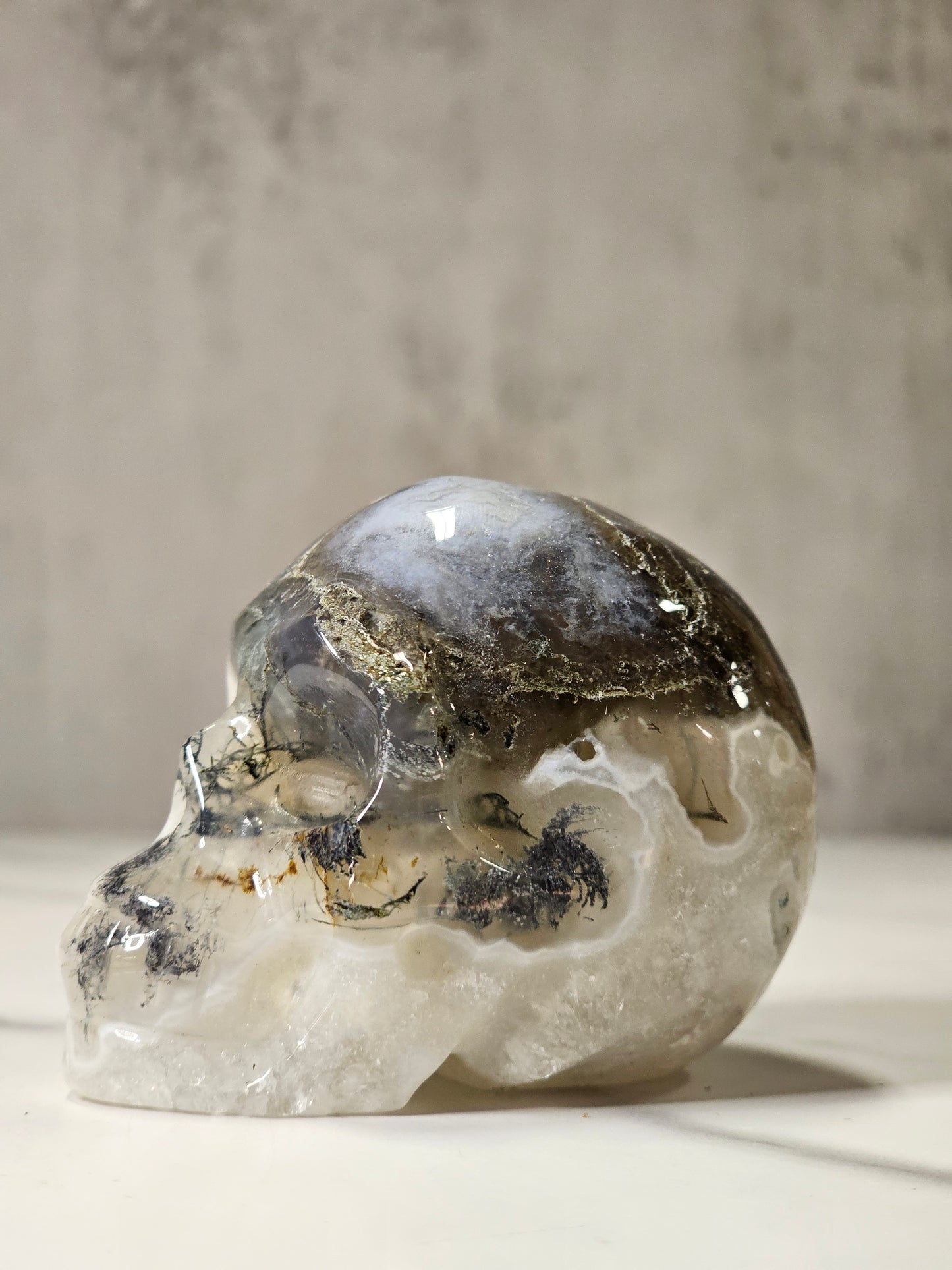 Moss Agate Skull Carving